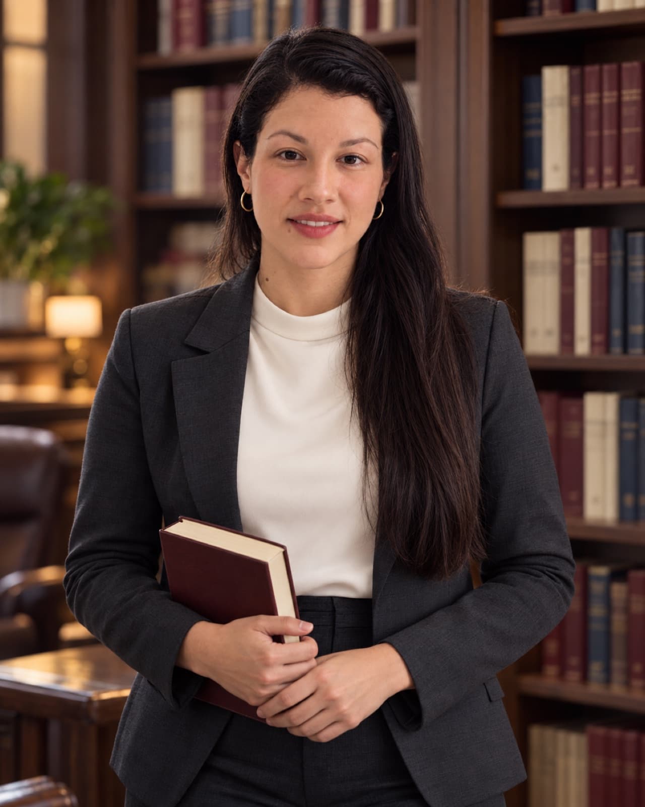 Luisa Fernanda Jaramillo en la biblioteca jurídica, con un tomo de jurisprudencia