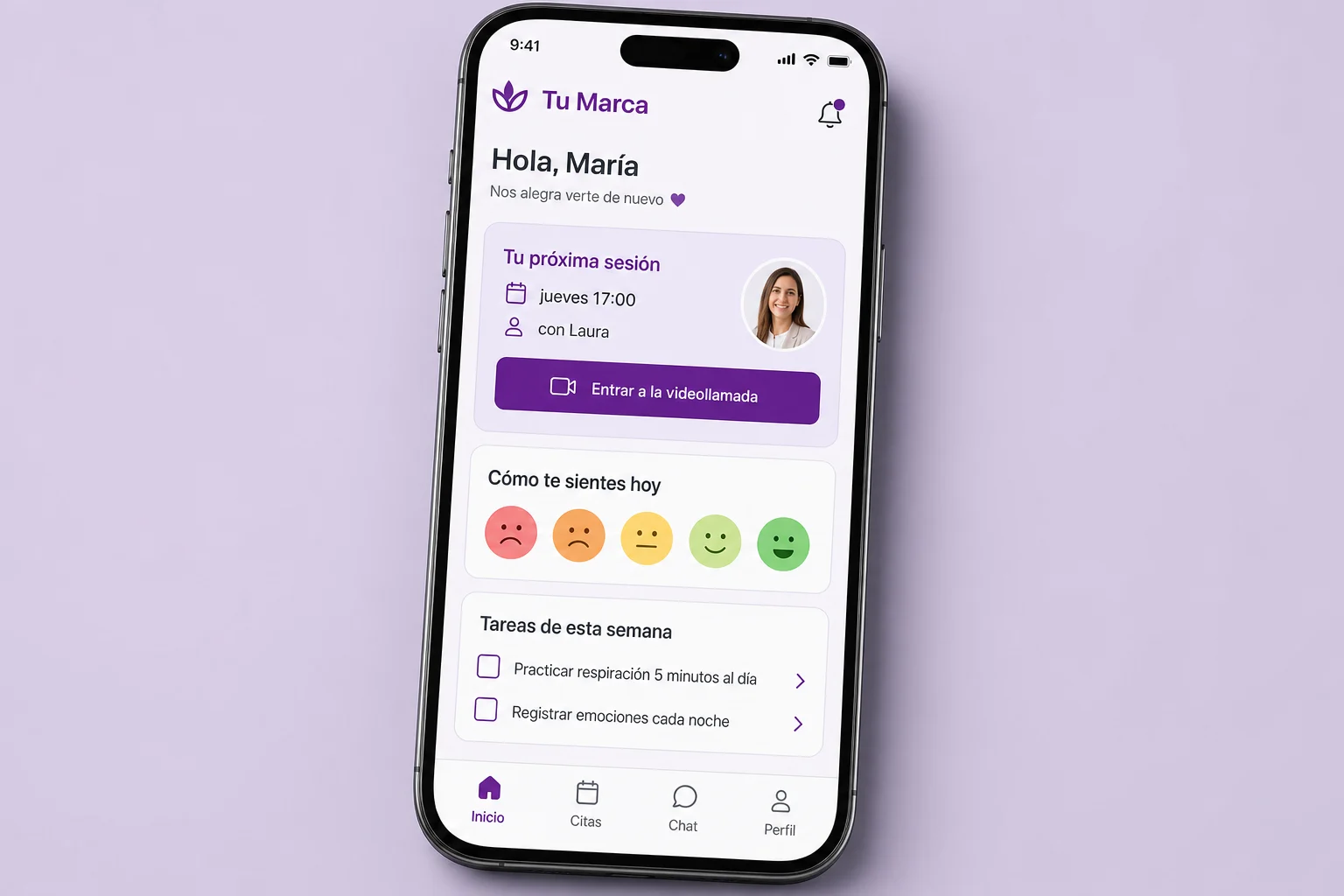 Móvil con la app del paciente: próxima sesión, estado de ánimo y tareas de la semana